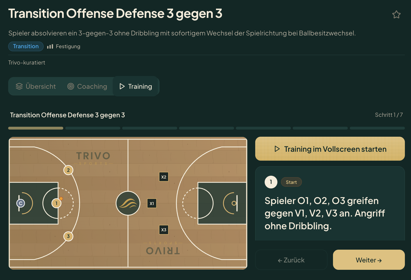 TRIVO App: Drill-Ansicht „Transition Offense Defense 3 gegen 3" mit Spielfeld-Diagramm und Schritt-für-Schritt-Anleitung