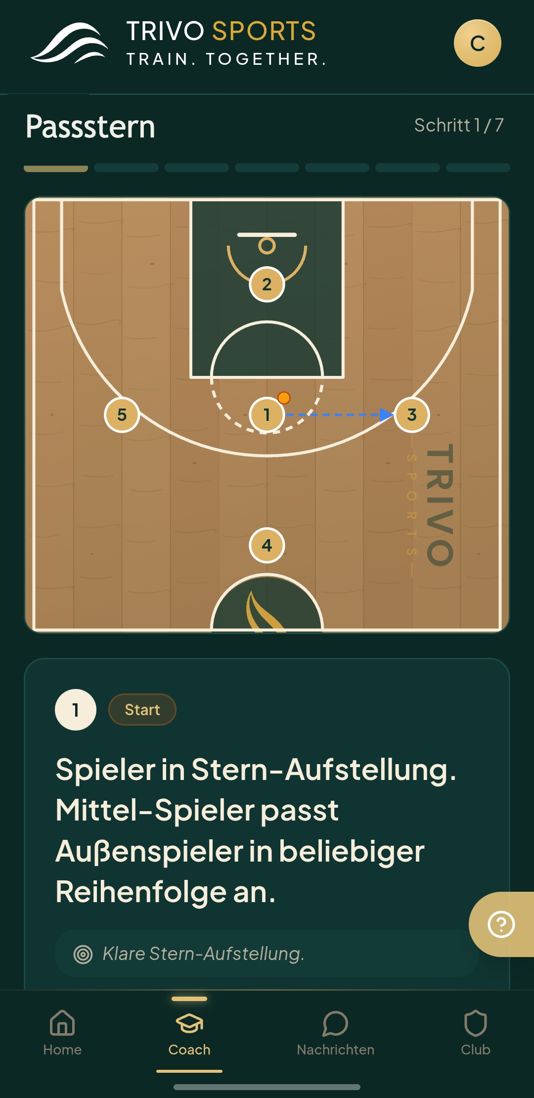 TRIVO App: Drill-Abfolge „Passstern" mit Schritt-für-Schritt-Coaching-Hinweisen