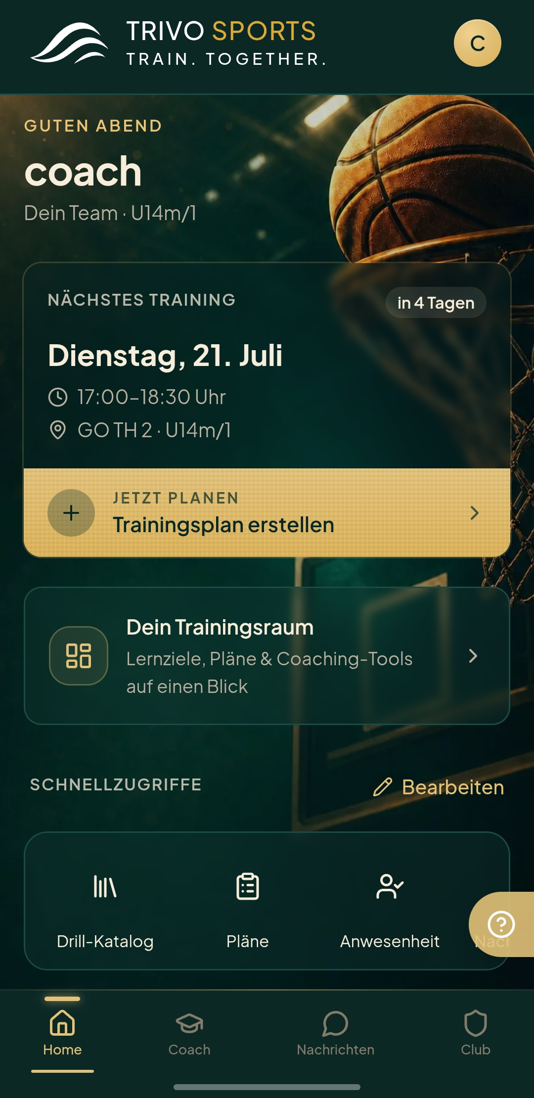 TRIVO App: Startbildschirm mit nächstem Training und Schnellzugriffen